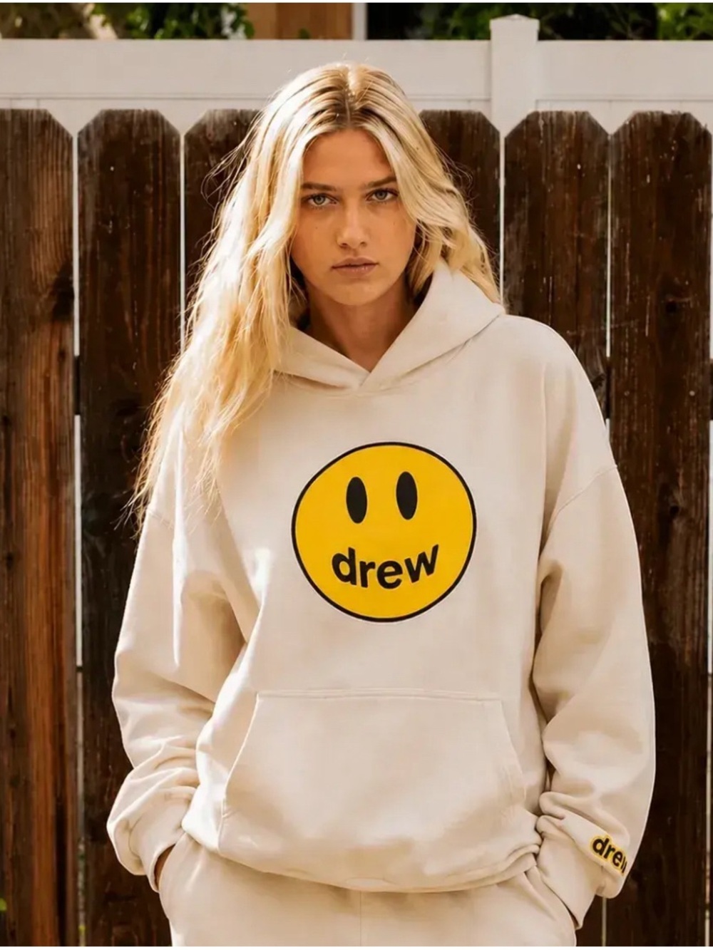 DREW Cream Hoodie with Yellow Smiley Logo